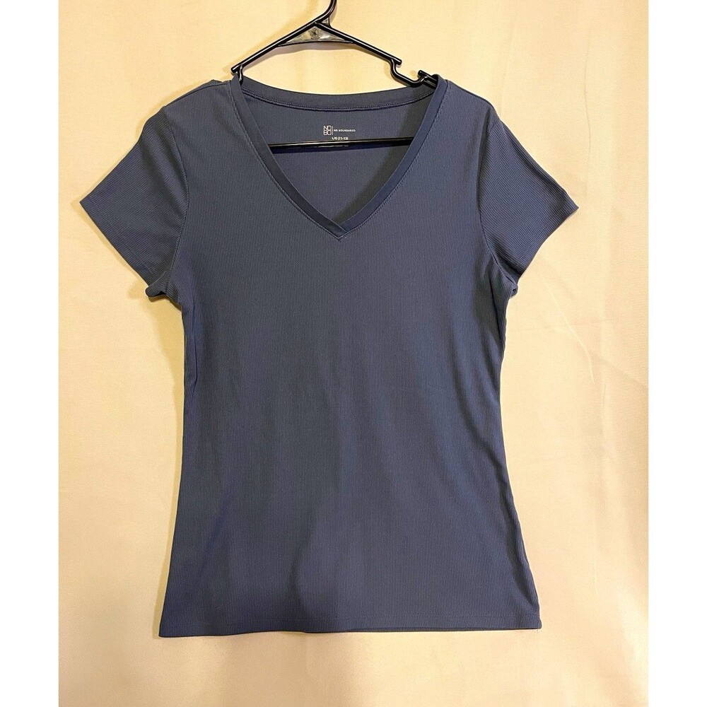 No Boundaries Blue Ribbed Knit V-Neck Stretch Short Sleeve T-Shirt Women L